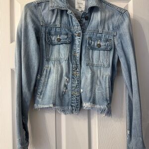Cropped Blue Jean Jacket with Frayed Hem